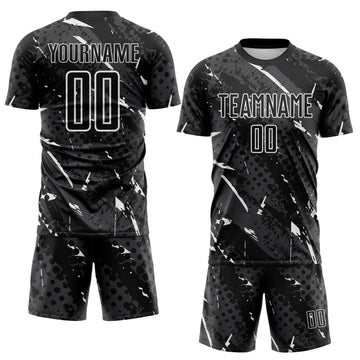 Custom Black White-Gray Brush Stroke Slashes And Dot Grid Sublimation Soccer Uniform Jersey