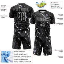 Загрузить изображение в средство просмотра галереи, Custom Black White-Gray Brush Stroke Slashes And Dot Grid Sublimation Soccer Uniform Jersey
