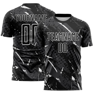 Custom Black White-Gray Brush Stroke Slashes And Dot Grid Sublimation Soccer Uniform Jersey