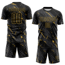 Laden Sie das Bild in den Galerie-Viewer, Custom Black Old Gold-Gray Brush Stroke Slashes And Dot Grid Sublimation Soccer Uniform Jersey
