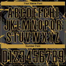 Laden Sie das Bild in den Galerie-Viewer, Custom Black Old Gold-Gray Brush Stroke Slashes And Dot Grid Sublimation Soccer Uniform Jersey
