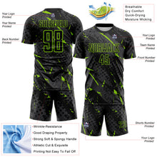 Загрузить изображение в средство просмотра галереи, Custom Black Neon Green-Gray Brush Stroke Slashes And Dot Grid Sublimation Soccer Uniform Jersey
