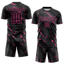 Laden Sie das Bild in den Galerie-Viewer, Custom Black Pink-Gray Brush Stroke Slashes And Dot Grid Sublimation Soccer Uniform Jersey
