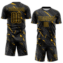 Laden Sie das Bild in den Galerie-Viewer, Custom Black Gold-Gray Brush Stroke Slashes And Dot Grid Sublimation Soccer Uniform Jersey
