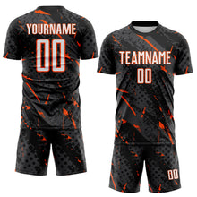 Laden Sie das Bild in den Galerie-Viewer, Custom Black White Orange-Gray Brush Stroke Slashes And Dot Grid Sublimation Soccer Uniform Jersey
