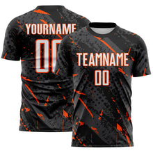 Laden Sie das Bild in den Galerie-Viewer, Custom Black White Orange-Gray Brush Stroke Slashes And Dot Grid Sublimation Soccer Uniform Jersey
