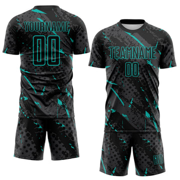 Custom Black Aqua-Gray Brush Stroke Slashes And Dot Grid Sublimation Soccer Uniform Jersey