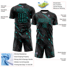 Laden Sie das Bild in den Galerie-Viewer, Custom Black Aqua-Gray Brush Stroke Slashes And Dot Grid Sublimation Soccer Uniform Jersey
