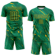 Laden Sie das Bild in den Galerie-Viewer, Custom Kelly Green-Gold Brush Stroke Slashes And Dot Grid Sublimation Soccer Uniform Jersey
