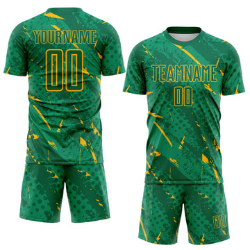 Custom Kelly Green-Gold Brush Stroke Slashes And Dot Grid Sublimation Soccer Uniform Jersey