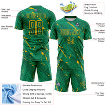 Laden Sie das Bild in den Galerie-Viewer, Custom Kelly Green-Gold Brush Stroke Slashes And Dot Grid Sublimation Soccer Uniform Jersey
