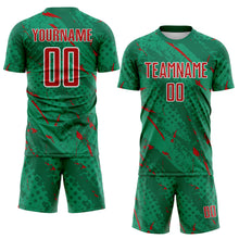 Laden Sie das Bild in den Galerie-Viewer, Custom Kelly Green Red-White Brush Stroke Slashes And Dot Grid Sublimation Soccer Uniform Jersey
