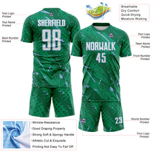 Загрузить изображение в средство просмотра галереи, Custom Kelly Green White-Light Blue Brush Stroke Slashes And Dot Grid Sublimation Soccer Uniform Jersey

