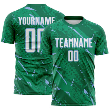 Custom Kelly Green White-Light Blue Brush Stroke Slashes And Dot Grid Sublimation Soccer Uniform Jersey
