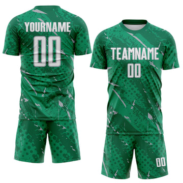 Custom Kelly Green White-Gray Brush Stroke Slashes And Dot Grid Sublimation Soccer Uniform Jersey