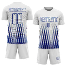 Laden Sie das Bild in den Galerie-Viewer, Custom White-Royal Geometric Hexagonal Dot Gradient Sublimation Soccer Uniform Jersey
