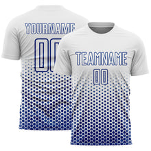 Laden Sie das Bild in den Galerie-Viewer, Custom White-Royal Geometric Hexagonal Dot Gradient Sublimation Soccer Uniform Jersey
