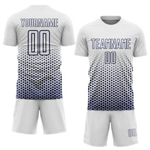 Laden Sie das Bild in den Galerie-Viewer, Custom White-Navy Geometric Hexagonal Dot Gradient Sublimation Soccer Uniform Jersey
