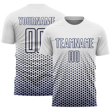 Laden Sie das Bild in den Galerie-Viewer, Custom White-Navy Geometric Hexagonal Dot Gradient Sublimation Soccer Uniform Jersey
