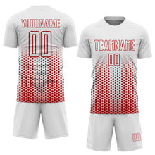 Laden Sie das Bild in den Galerie-Viewer, Custom White-Red Geometric Hexagonal Dot Gradient Sublimation Soccer Uniform Jersey

