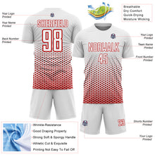 Laden Sie das Bild in den Galerie-Viewer, Custom White-Red Geometric Hexagonal Dot Gradient Sublimation Soccer Uniform Jersey
