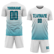 Charger l'image dans la galerie, Custom White Teal-Black Geometric Hexagonal Dot Gradient Sublimation Soccer Uniform Jersey
