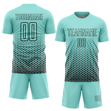Custom Ice Blue-Black Geometric Hexagonal Dot Gradient Sublimation Soccer Uniform Jersey