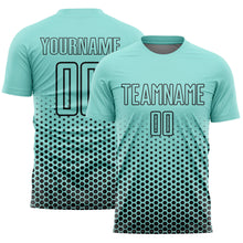 Laden Sie das Bild in den Galerie-Viewer, Custom Ice Blue-Black Geometric Hexagonal Dot Gradient Sublimation Soccer Uniform Jersey
