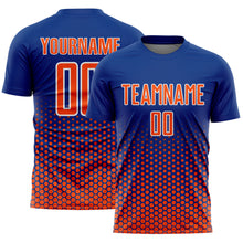 Laden Sie das Bild in den Galerie-Viewer, Custom Royal Orange-White Geometric Hexagonal Dot Gradient Sublimation Soccer Uniform Jersey
