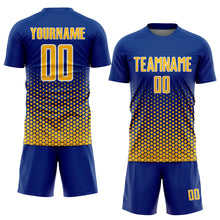 Laden Sie das Bild in den Galerie-Viewer, Custom Royal Gold-White Geometric Hexagonal Dot Gradient Sublimation Soccer Uniform Jersey
