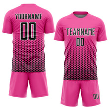 Laden Sie das Bild in den Galerie-Viewer, Custom Pink Black-White Geometric Hexagonal Dot Gradient Sublimation Soccer Uniform Jersey
