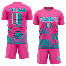 Load image into Gallery viewer, Custom Pink Teal-White Geometric Hexagonal Dot Gradient Sublimation Soccer Uniform Jersey
