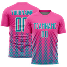 Load image into Gallery viewer, Custom Pink Teal-White Geometric Hexagonal Dot Gradient Sublimation Soccer Uniform Jersey
