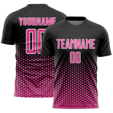 Load image into Gallery viewer, Custom Black Pink-White Geometric Hexagonal Dot Gradient Sublimation Soccer Uniform Jersey
