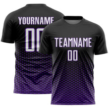 Load image into Gallery viewer, Custom Black White-Purple Geometric Hexagonal Dot Gradient Sublimation Soccer Uniform Jersey
