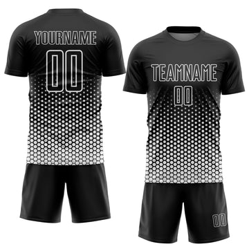 Custom Black-White Geometric Hexagonal Dot Gradient Sublimation Soccer Uniform Jersey