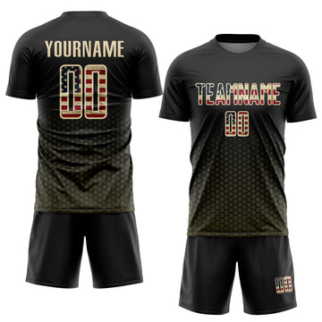 Custom Black Vintage USA Flag Olive-Cream Geometric Hexagonal Dot Gradient Sublimation Soccer Uniform Jersey