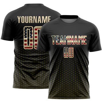 Custom Black Vintage USA Flag Olive-Cream Geometric Hexagonal Dot Gradient Sublimation Soccer Uniform Jersey
