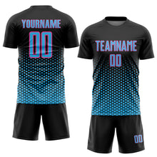Load image into Gallery viewer, Custom Black Sky Blue-Pink Geometric Hexagonal Dot Gradient Sublimation Soccer Uniform Jersey
