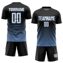 Load image into Gallery viewer, Custom Black White-Light Blue Geometric Hexagonal Dot Gradient Sublimation Soccer Uniform Jersey
