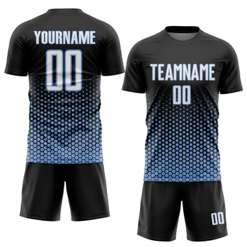 Custom Black White-Light Blue Geometric Hexagonal Dot Gradient Sublimation Soccer Uniform Jersey
