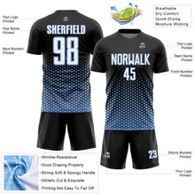 Load image into Gallery viewer, Custom Black White-Light Blue Geometric Hexagonal Dot Gradient Sublimation Soccer Uniform Jersey
