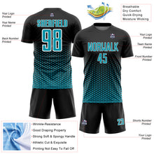 Laden Sie das Bild in den Galerie-Viewer, Custom Black Teal-White Geometric Hexagonal Dot Gradient Sublimation Soccer Uniform Jersey
