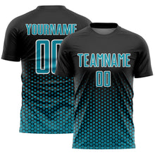 Laden Sie das Bild in den Galerie-Viewer, Custom Black Teal-White Geometric Hexagonal Dot Gradient Sublimation Soccer Uniform Jersey
