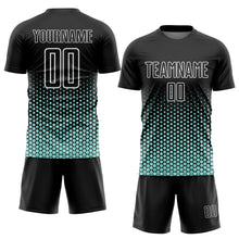 Laden Sie das Bild in den Galerie-Viewer, Custom Black Ice Blue-White Geometric Hexagonal Dot Gradient Sublimation Soccer Uniform Jersey
