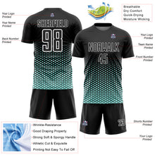Laden Sie das Bild in den Galerie-Viewer, Custom Black Ice Blue-White Geometric Hexagonal Dot Gradient Sublimation Soccer Uniform Jersey

