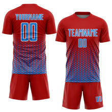 Laden Sie das Bild in den Galerie-Viewer, Custom Red Powder Blue-White Geometric Hexagonal Dot Gradient Sublimation Soccer Uniform Jersey
