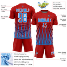 Laden Sie das Bild in den Galerie-Viewer, Custom Red Powder Blue-White Geometric Hexagonal Dot Gradient Sublimation Soccer Uniform Jersey
