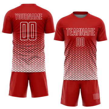 Custom Red-White Geometric Hexagonal Dot Gradient Sublimation Soccer Uniform Jersey
