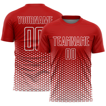 Custom Red-White Geometric Hexagonal Dot Gradient Sublimation Soccer Uniform Jersey